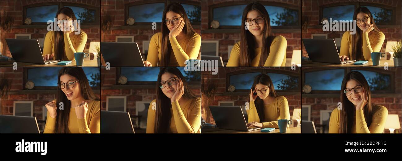 Junge Frau, die am Schreibtisch sitzt und mit einem Laptop, einer Sammlung von Ausdrücken und Stimmungen arbeitet Stockfoto
