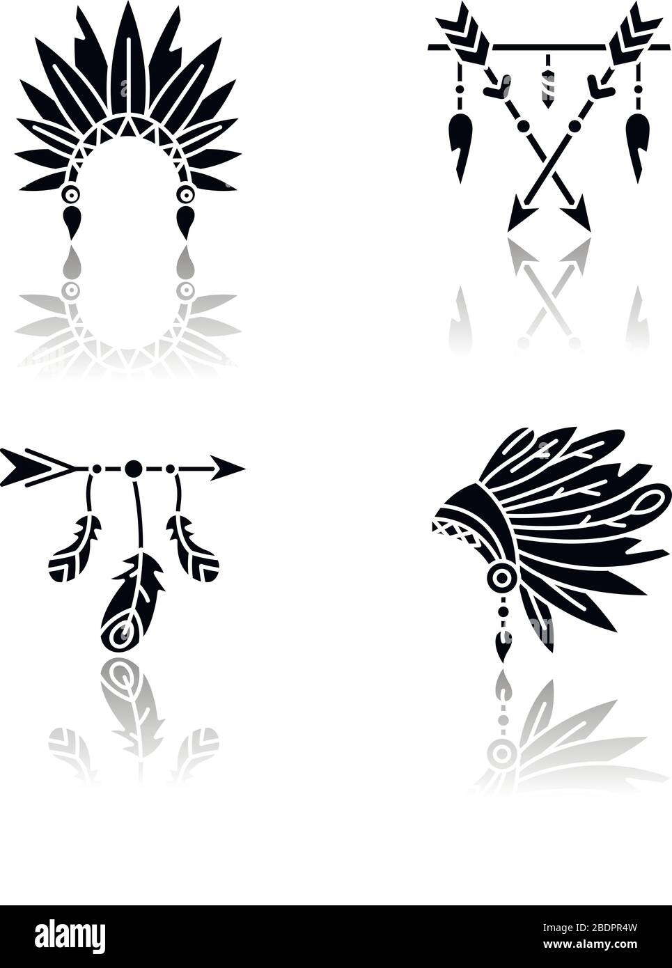 indianische Native hut und Amulett Schlagschatten schwarze Glyphe Symbole gesetzt. Stammchefin heddert mit Federn. Charme im Boho-Stil. Ethnisches Zubehör Stock Vektor