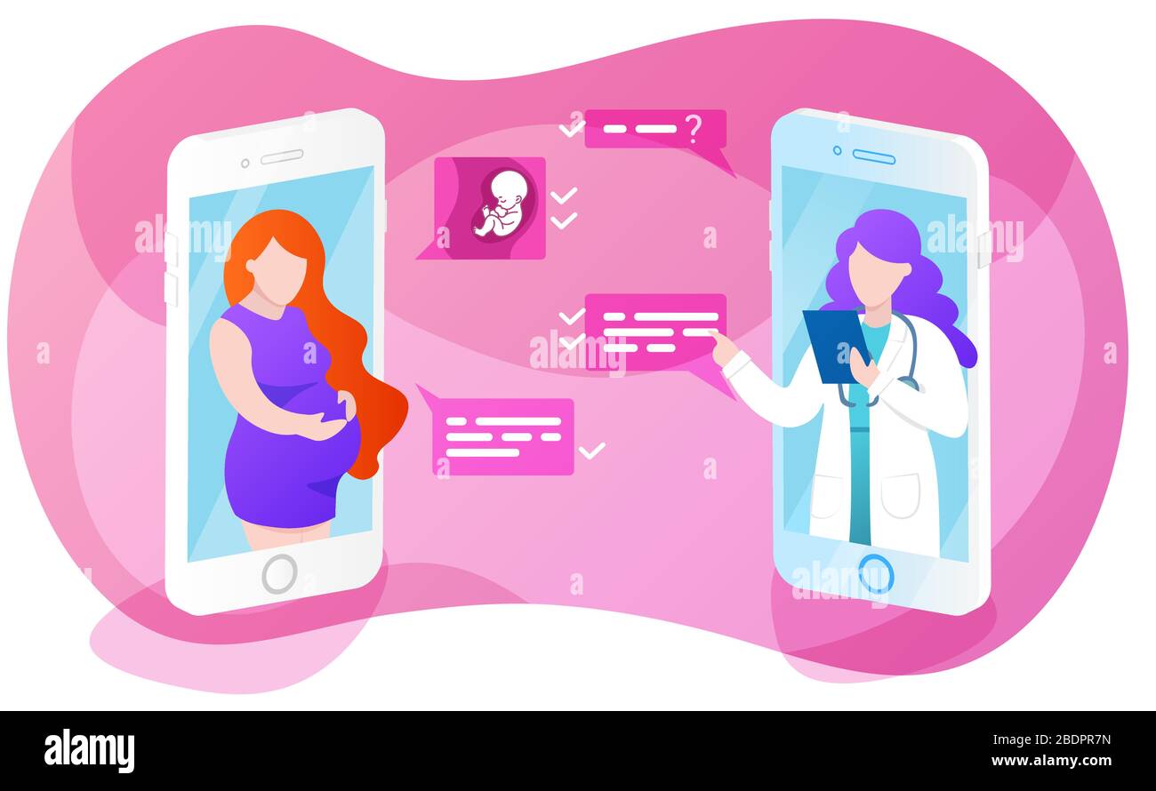 Online-Anwendung für Ärzte, Beratung von Schwangeren mit Therapeuten, Chat, medizinische Beratung, Vektorgrafiken. Stock Vektor