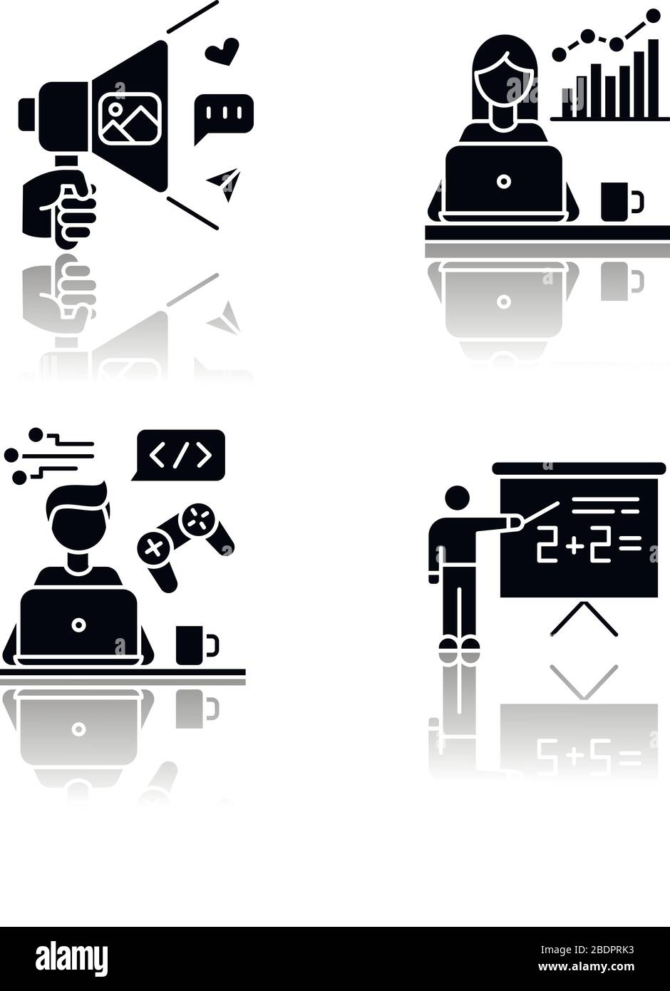 Freie Berufe werfen Schatten schwarze Glyphe Symbole gesetzt. Marketologist und Social Media-Koordinator, Spieleentwickler und Tutor. Wirtschaft und Bildung Stock Vektor