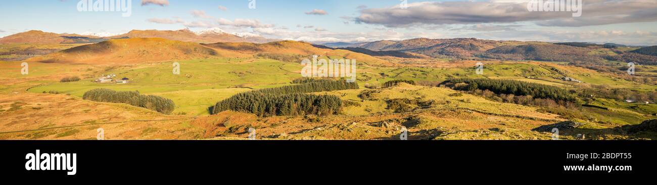Lake District Panorama von Great Burney. Coniston Fells L von Mitte, Scafell & Scafell Pike hinter und links, Fairfield in der Ferne. Stockfoto