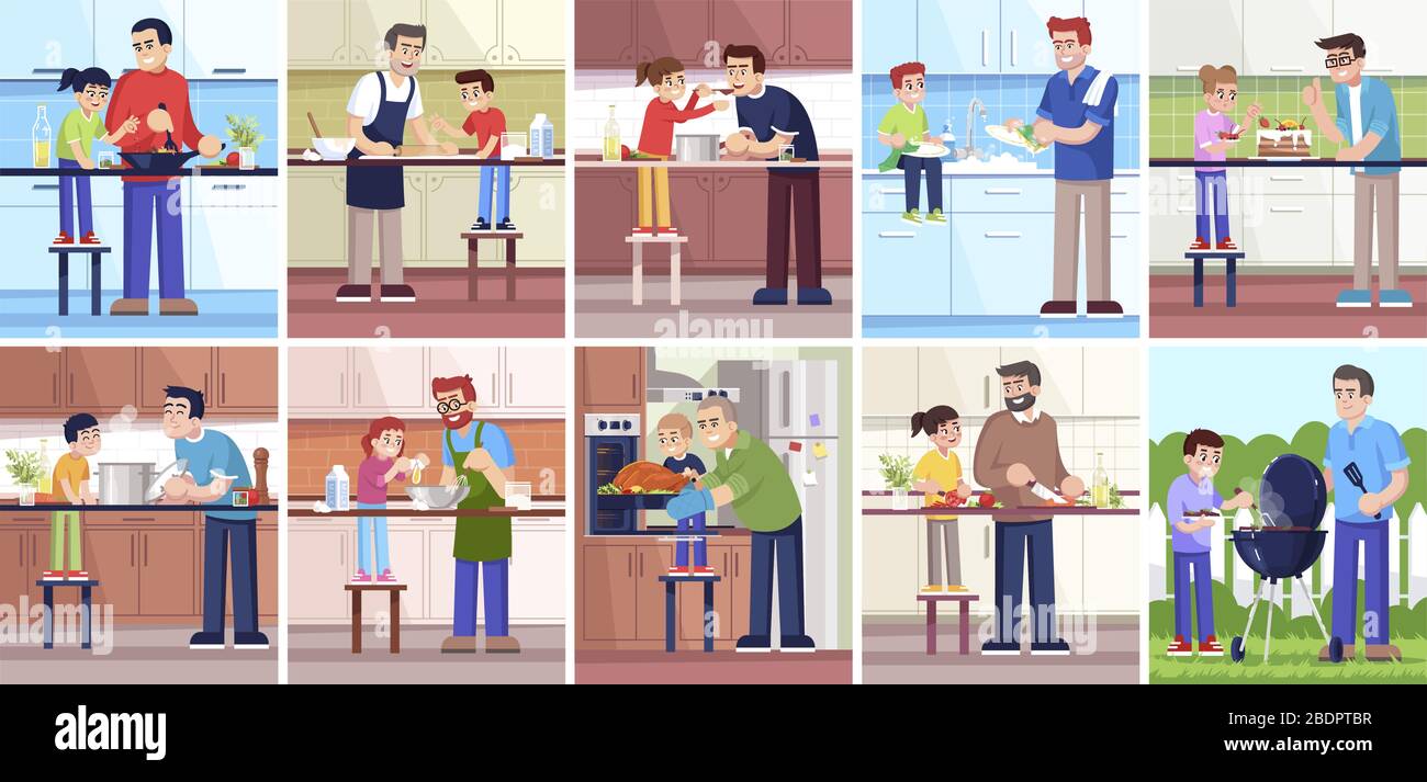Kochväter und Kinder, Menschen in Küche und außen flache Vektorgrafiken setzen. Dads und Kinder bereiten zusammen Essen zu, Familienmitglieder 2D Stock Vektor