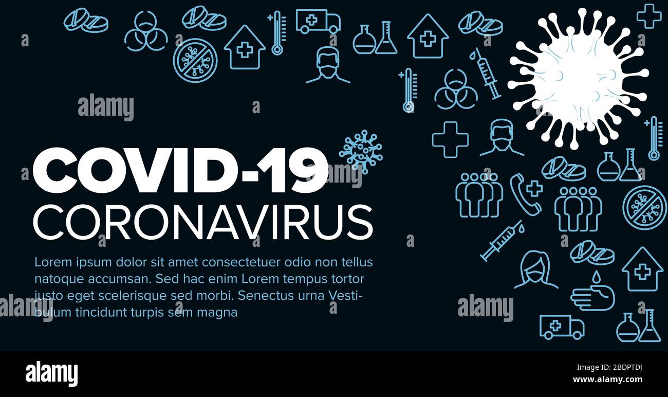 Kopfzeilenvorlage für Vektorbanner mit Darstellung von Coronavirus, Symbolen und Platz für Ihre Informationen - blaue Version Stock Vektor