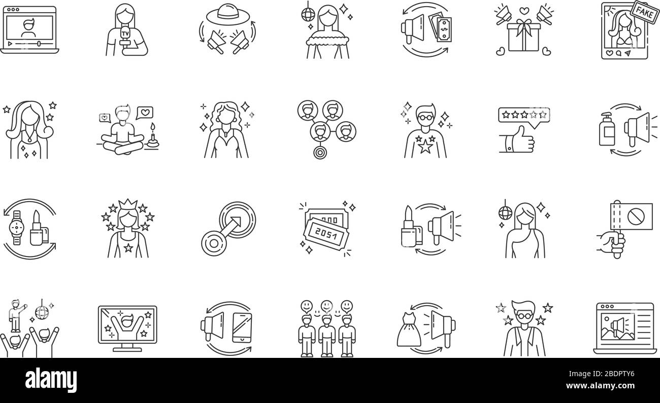 Social Media-Promotion Pixel perfekte lineare Symbole gesetzt. Digitales Marketing mit Einflussnehmern. Anpassbare Kontursymbole mit dünnen Linien. Isolierter Vektor Stock Vektor