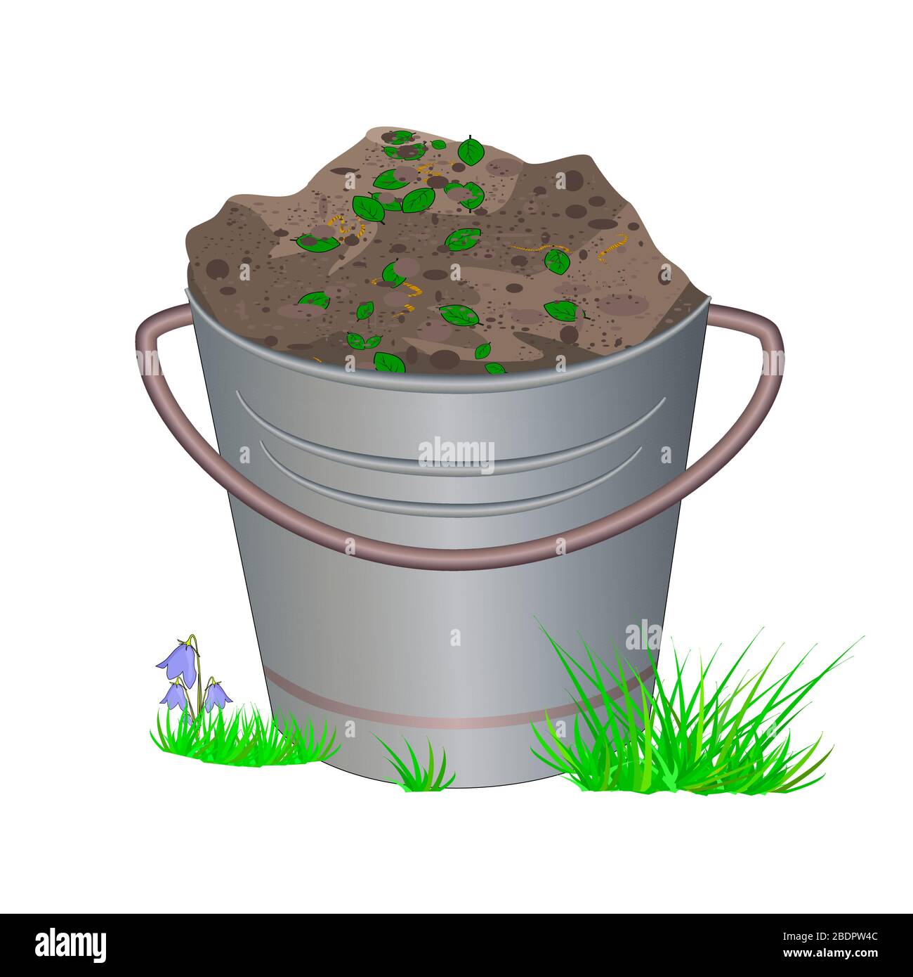 Metallischer Eimer mit Erde oder Dnger isoliert auf weiem Hintergrund.  Eimer mit Erde und Kompost im Gras zum Pflanzen. Kein Abfall.  Bestandsvektor Stock-Vektorgrafik - Alamy