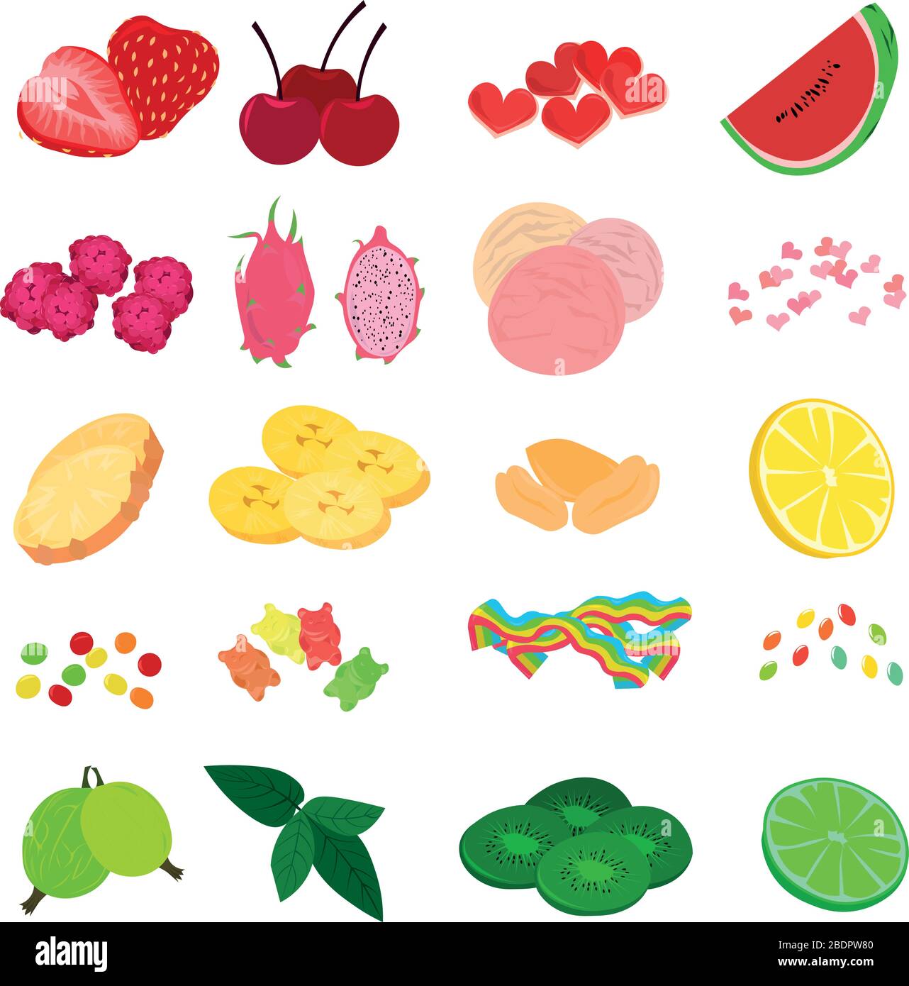 Set mit Süßigkeiten und Früchten. Nüsse und Süßigkeiten. Marmelade und Beere. Zusätze zu Tee, Kaffee und Desserts. Stock Vektor