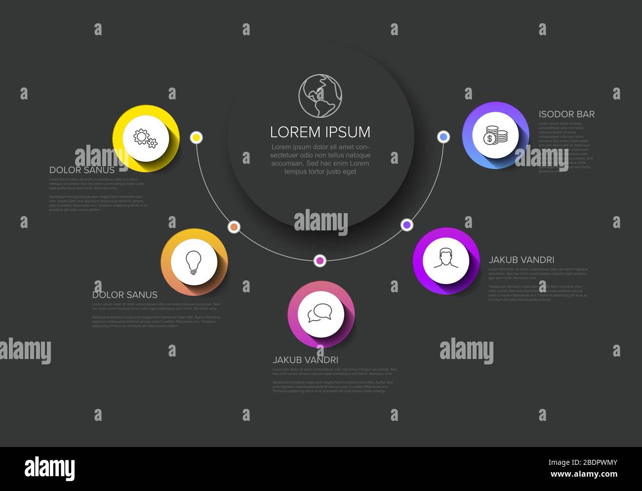 Infografievorlage Vector Mehrzweckzuführung mit Titel- und fünf Elementoptionen und modernen Farben auf dunklem Hintergrund Stock Vektor