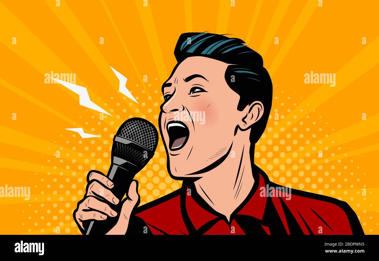 Mann schreit laut ins Mikrofon. Vektorgrafiken aus retro-Comic-Pop-Art Stock Vektor