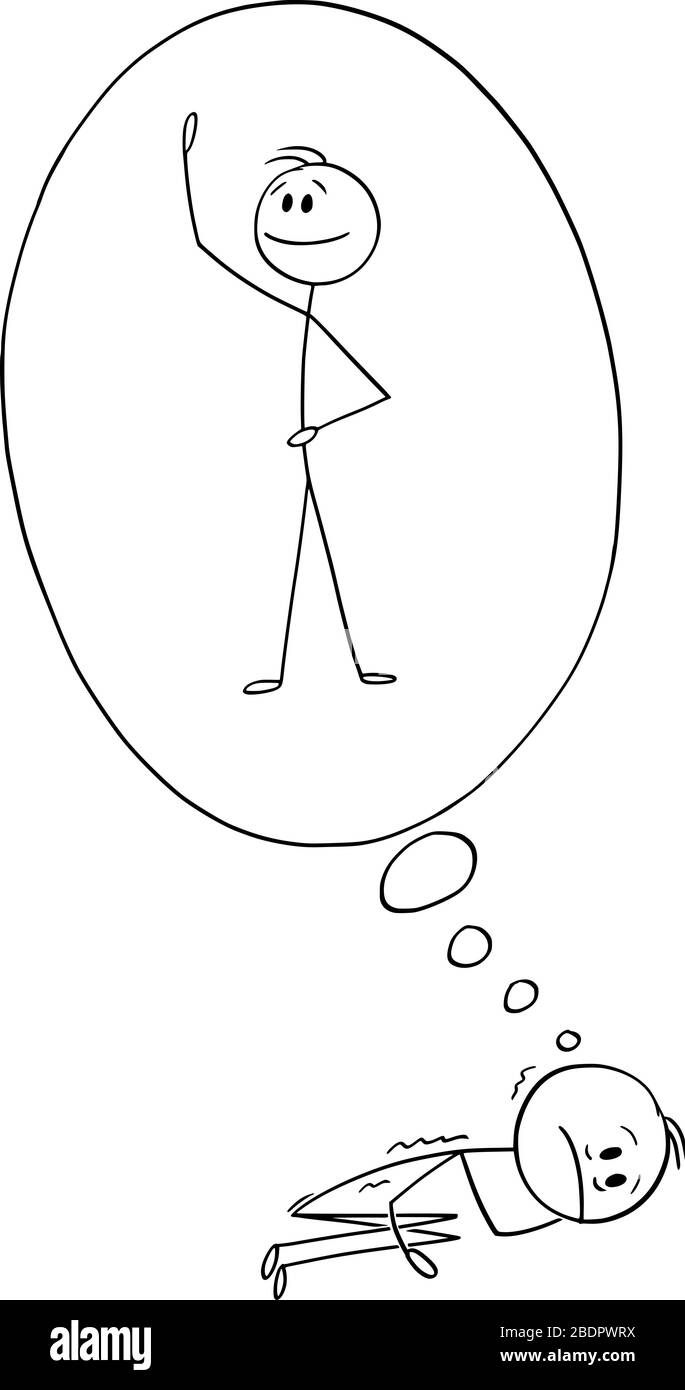 Vektor-Zeichentrickstock-Figur, die konzeptionelle Abbildung des Menschen in Zusammenbruch oder Zusammenbruch zeichnet, auf dem Boden liegt und sich als selbstbewusste und starke Person vorstellt. Stock Vektor