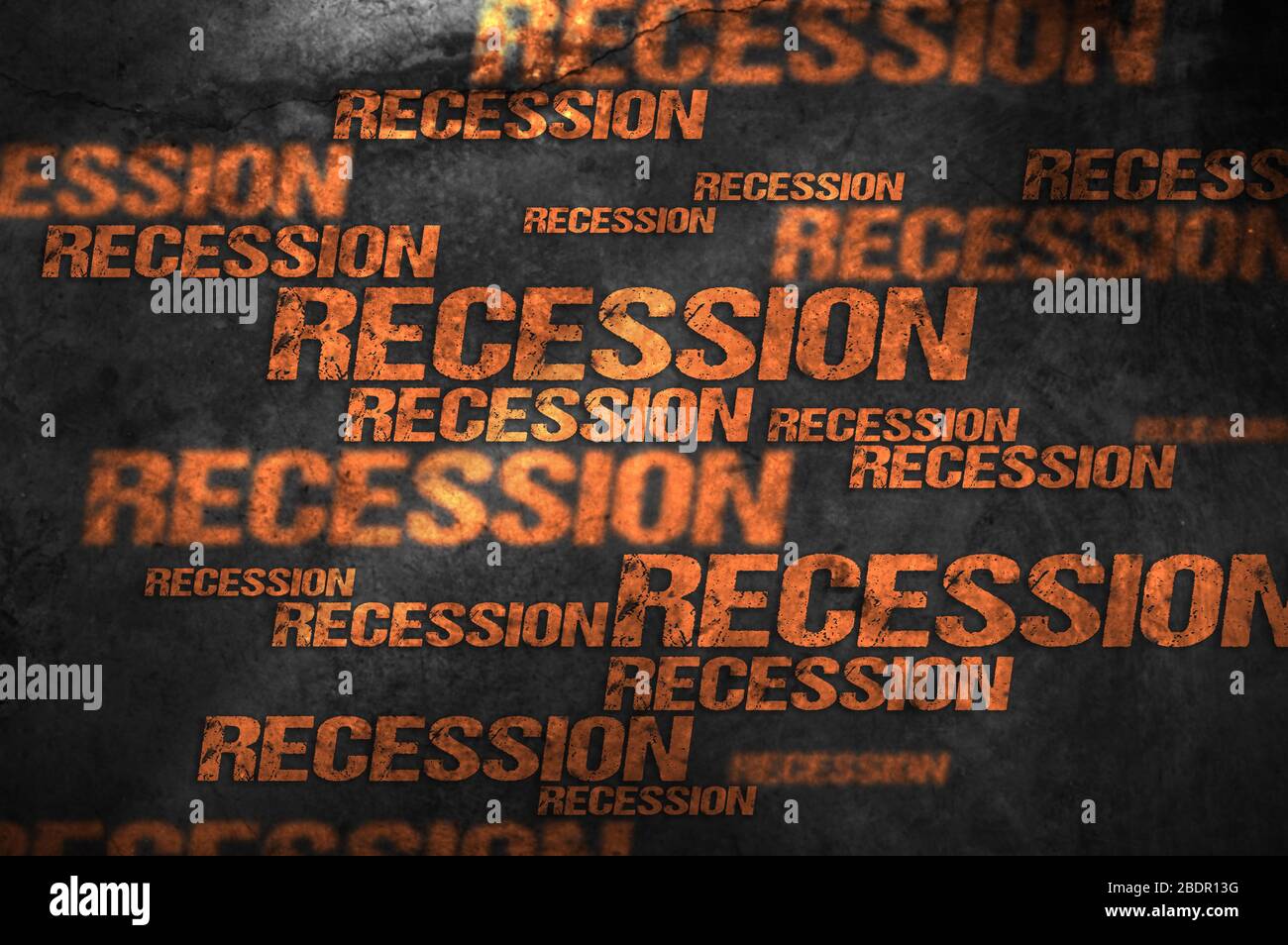 „Rezession“-Inschrift auf schwarzem Hintergrund. Konzeption der Rezession in der Wirtschaft. Stockfoto