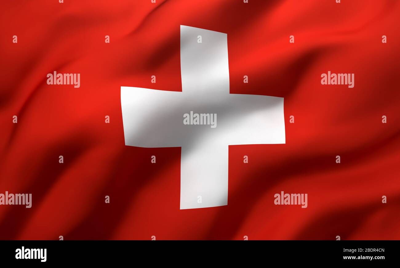 Flagge der Schweiz, die im Wind weht. Ganzseitige Schweizer Flagge. 3D-Abbildung. Stockfoto
