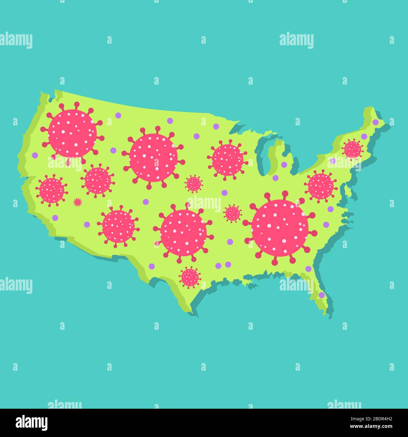 Karte der Vereinigten Staaten mit Virus. Coronavirus-Epidemie im amerikanischen Land. Konzeptionell. Stock Vektor