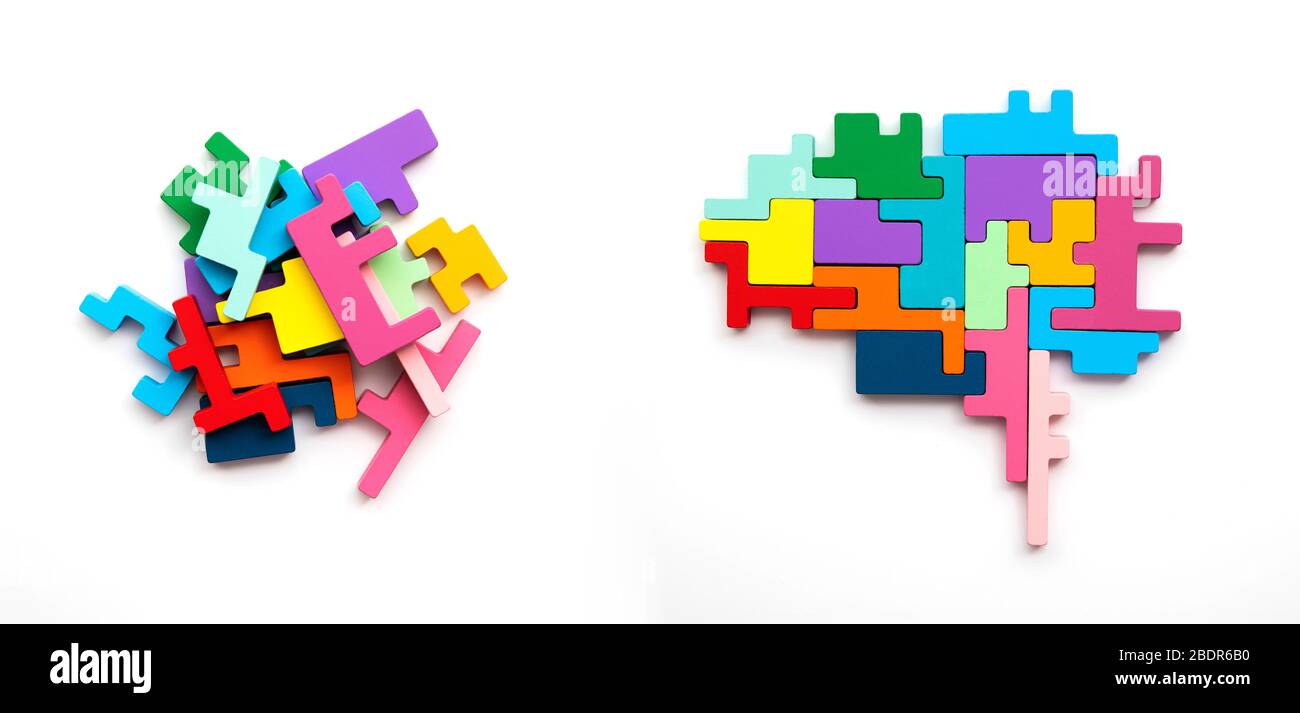 Rechte und linke Seite des Gehirnkonzepts. Puzzleteile in Form eines Gehirns Stockfoto