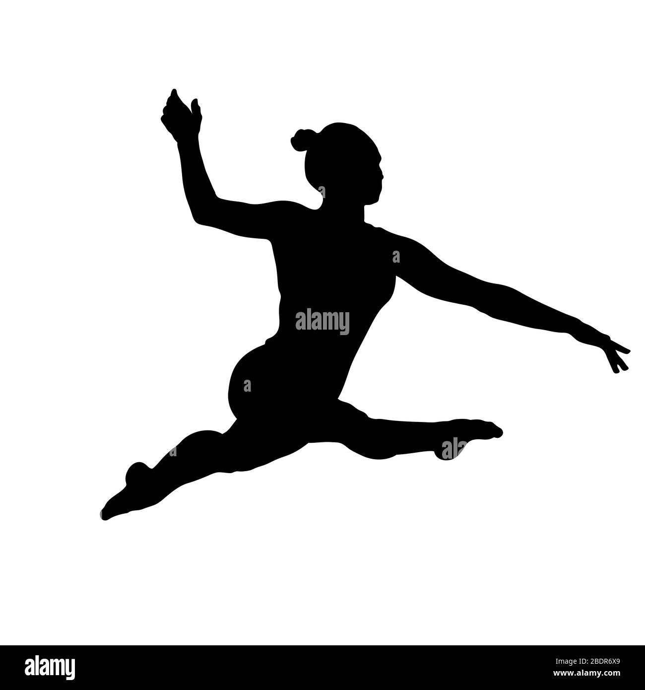 Frau Turnerin Split Sprung in der Gymnastik. Schwarze Silhouette Stockfoto
