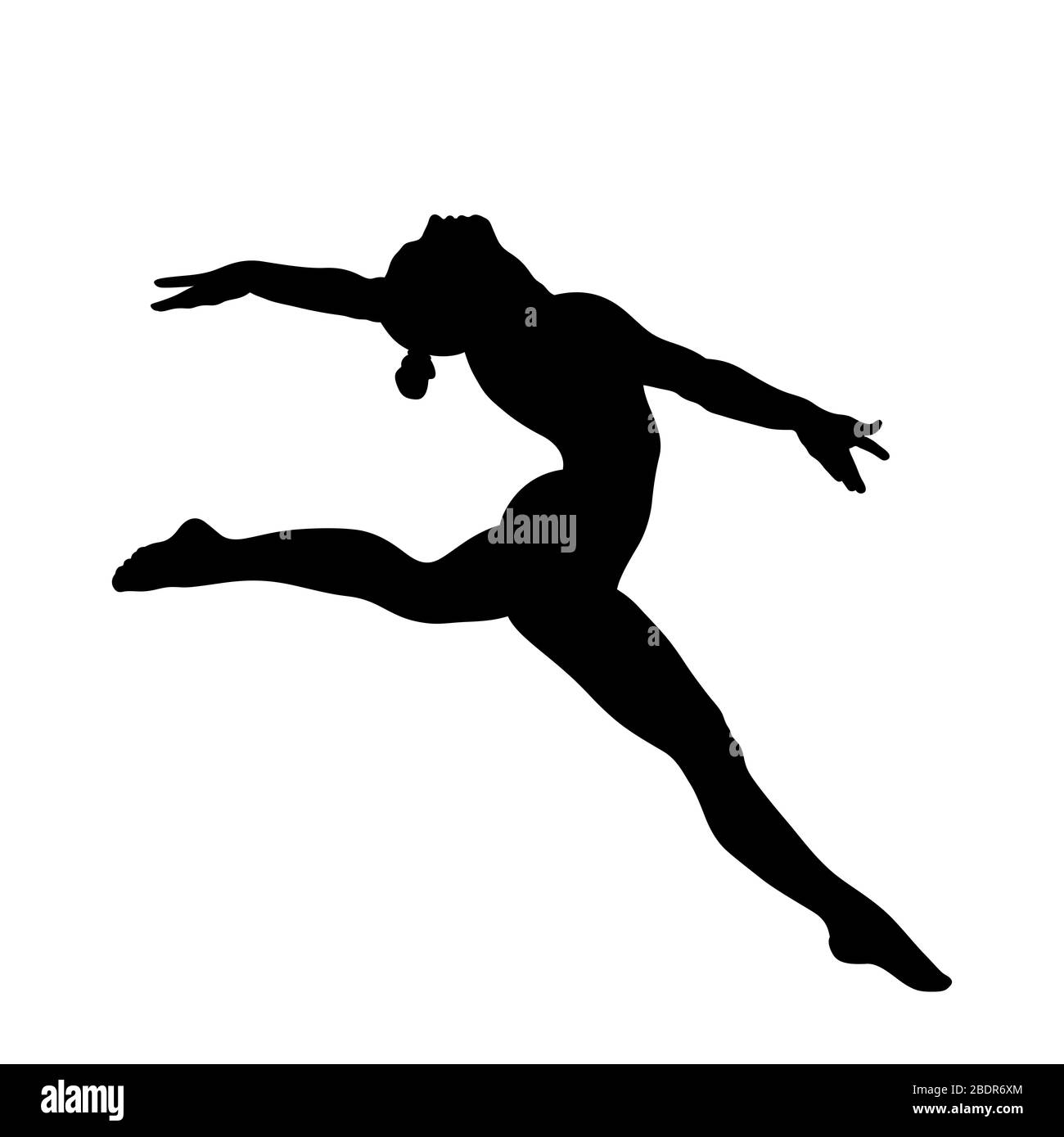 Seitenansicht Frau Turnerin Split Sprung in der Gymnastik. Schwarze Silhouette Stockfoto