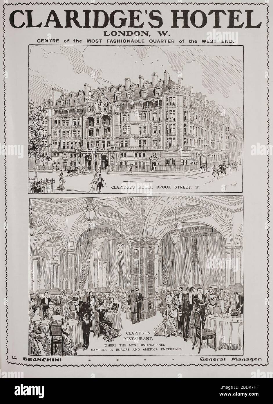Eine Anzeige für Claridge’s Hotel and Restaurant, London, in der Ausgabe von 1907 The Graphic, einer wöchentlich erscheinenden Illustrierten Zeitung, die von 1869 bis 1932 in London erschien. Stockfoto
