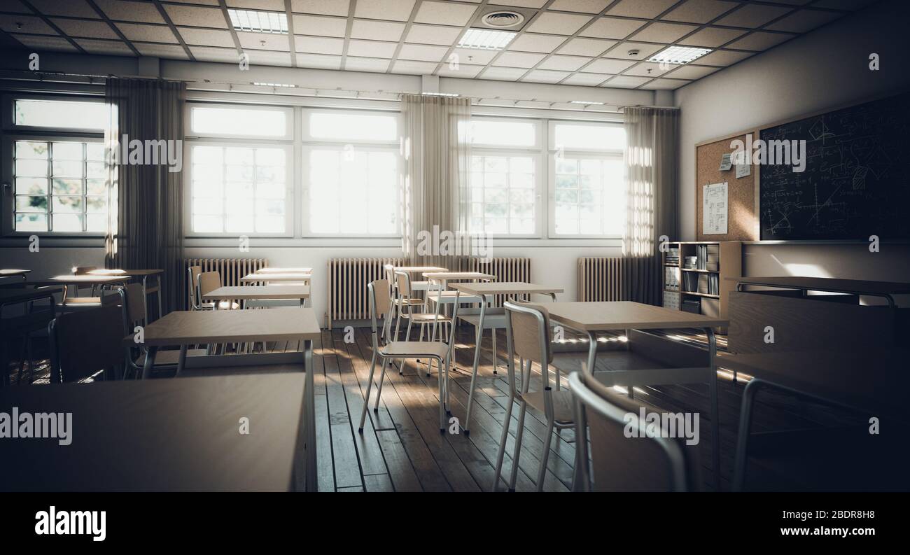 Inneneinrichtung einer traditionellen Schule mit Holzschreibtischen und Stühlen. Licht aus den Fenstern, klassische Atmosphäre. 3D-Rendering, niemand um sich herum. Stockfoto