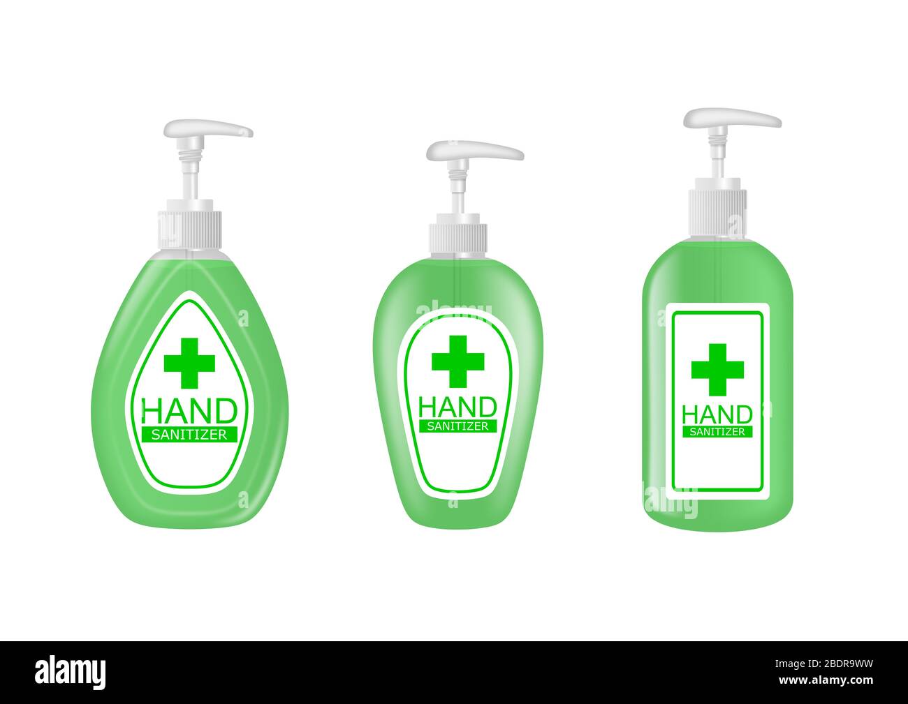 Set mit Flaschen für Desinfektionsmittel auf weißem Hintergrund Stockfoto