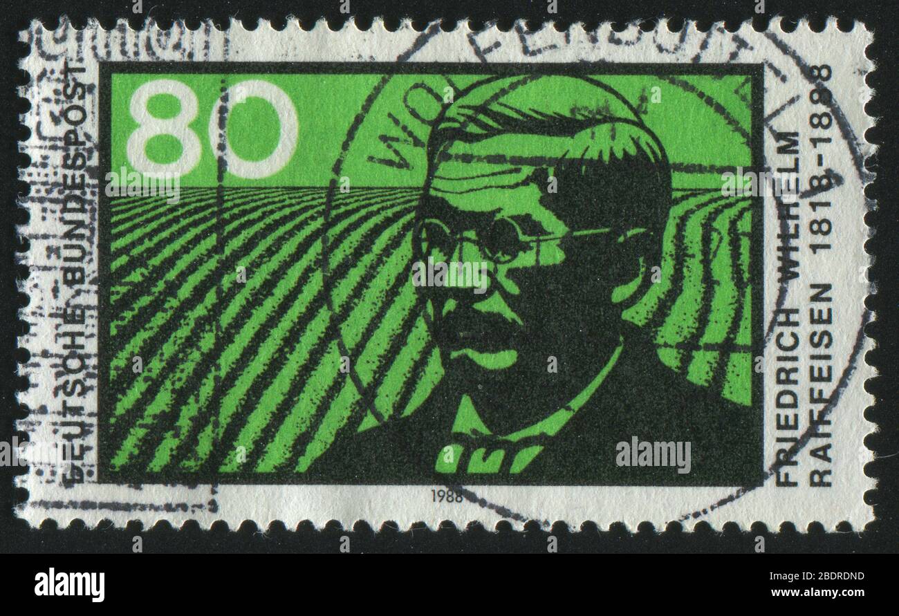 DEUTSCHLAND - UM 1988: Briefmarke gedruckt von Deutschland, zeigt Porträt Friedrich Wilhelm Raiffeisen, um 1988. Stockfoto