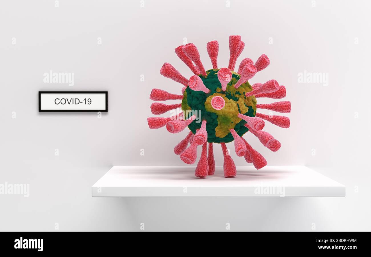 Coronavirus Covid-19 Angriff auf eine Zelle, die wie der Planet Erde aussieht. Covid-19 Konzept auf einem Ausstellungsregal - 3D Rendering Stockfoto