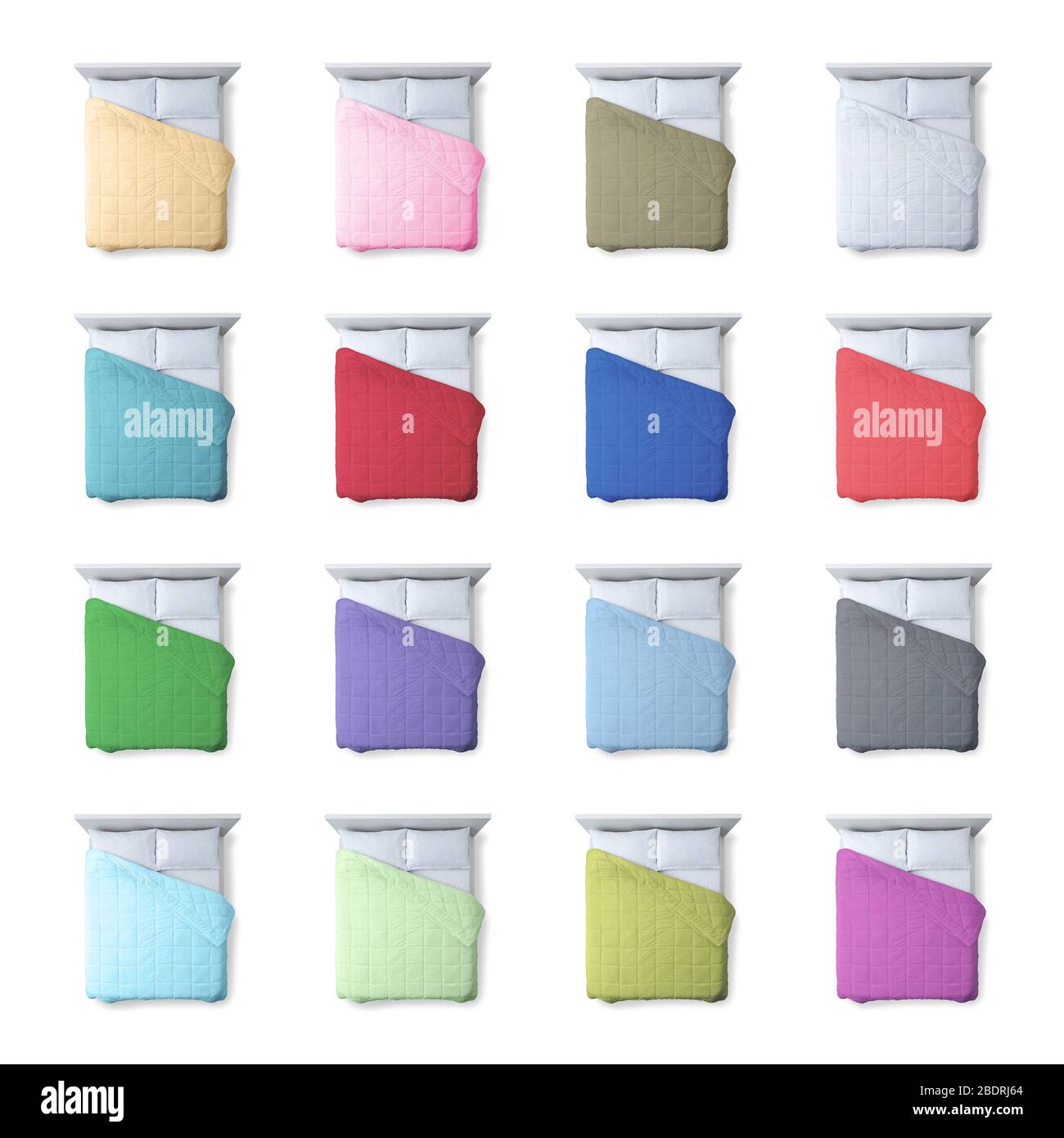 Sammlung von farbenfrohen Bettdecken und Betten auf weißem Hintergrund, Betten und Hausdekor Konzept, Draufsicht Stockfoto