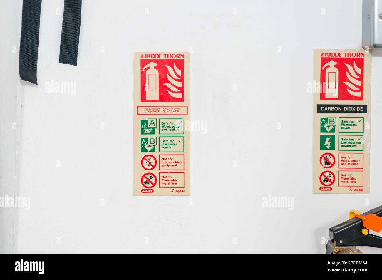 Schaumspray Feuerlöscher, Feuerlöscher Etikett. Stockfoto