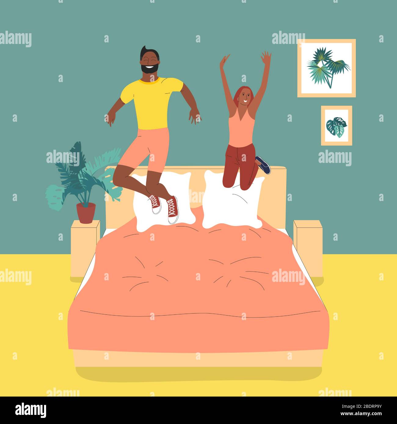 Fröhlicher Mann und ein Mädchen springen im Schlafzimmer auf ein Bett. Vektorgrafiken mit flachem Stil Stock Vektor