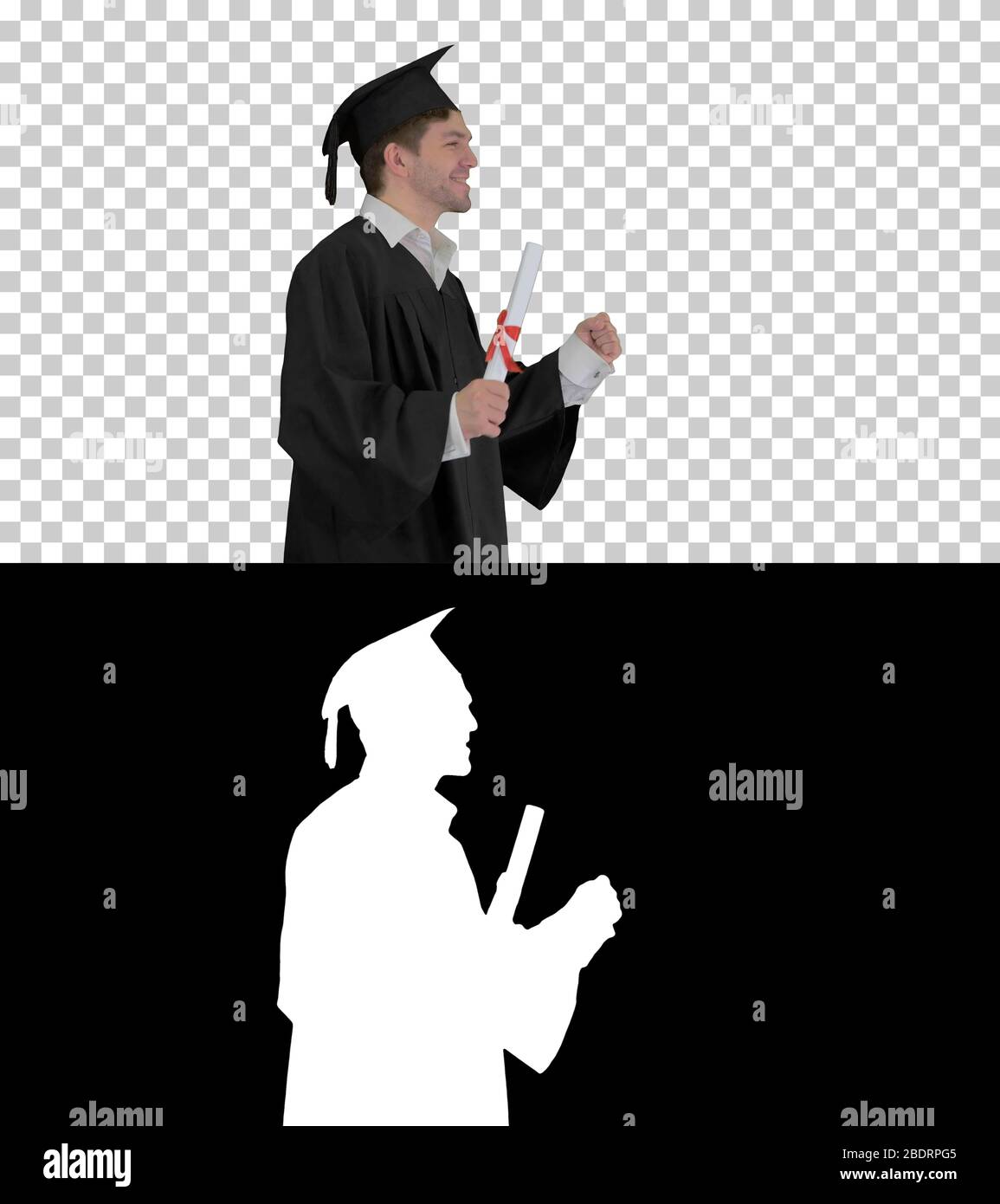 Mann, der zur Abschlussfeier, Alpha Channel, geht Stockfoto