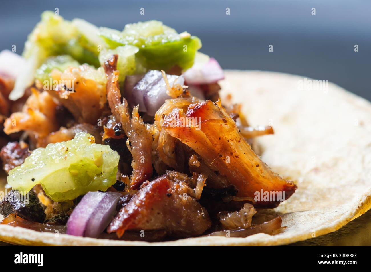 Carnitas Tacos mit roten Zwiebeln und roher Salsa verde. Mexikanische langsam gekochte Schweinefleisch Gericht auf schwarzem Teller isoliert Stockfoto