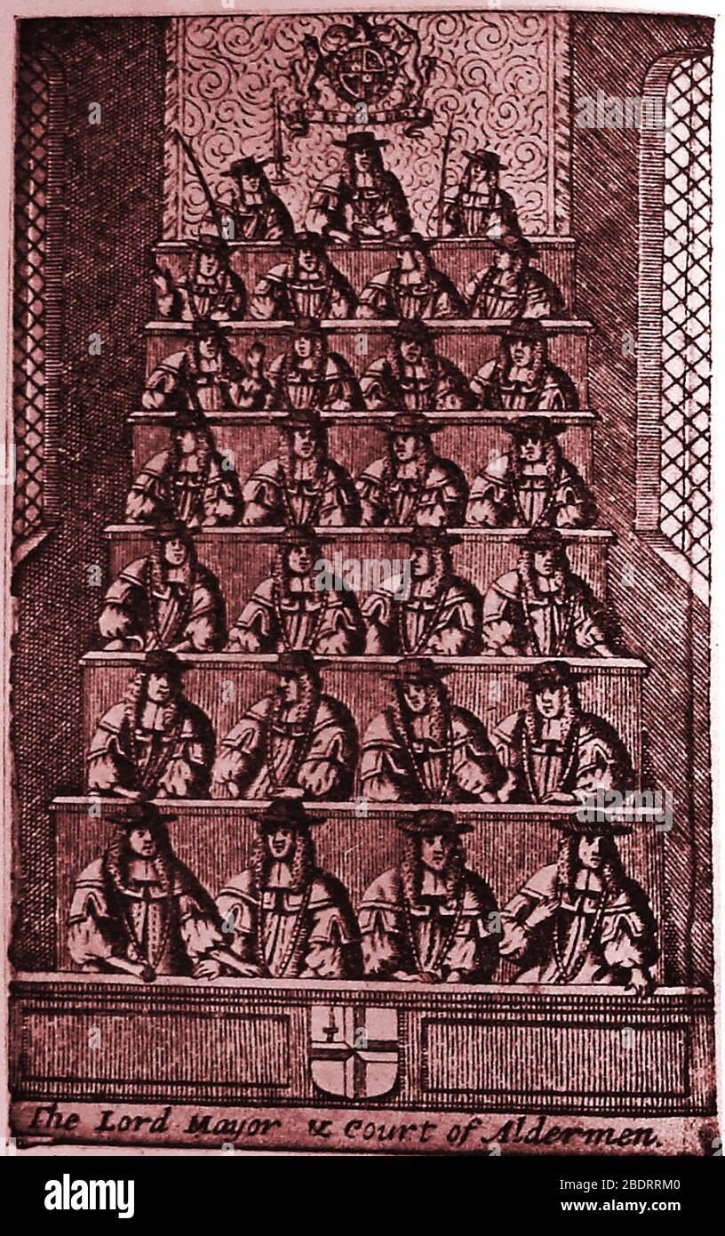 Ein zeitgenössisches Set von Porträts des Londoner Oberbürgermeisters (Sir Thomas Pilkington) und seiner Aldermen im Jahr 1690, die am Aldermen's Court sitzen. Sir Thomas, der Mitglied der Skinner's Guild / Lackierung Company war (diente als sein Meister 1677, 1681, Und 1682) war ein englischer Kaufmann, Whig Politiker und Parlamentarier während der Tage des "kurzen Parlaments, sowie gewählt Ratsherrn der Station von Farringdon ohne und ein Sheriff. Sein Zuhause im Jahr 1677 war in Bush Lane, Scott's Yard, Cannon Street. Seine Frau war Hannah Bromwich von London, gebar ihm zwei Söhne Stockfoto