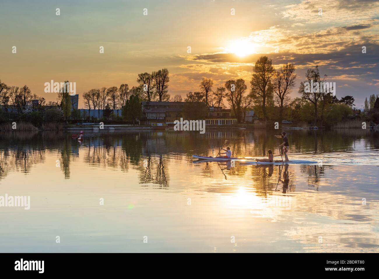 Wien, Wien: Menschen bei Kanu und SUP an der Alten Donau bei Sonnenuntergang, 22. Donaustadt, Wien, Österreich Stockfoto