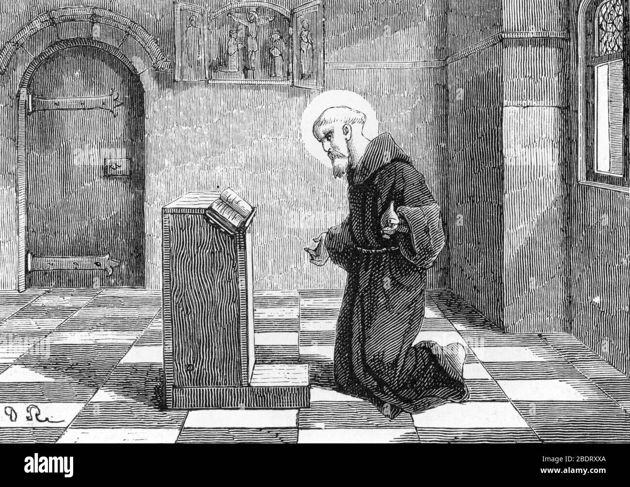 Portrait de Saint Bede le Venerable (Beda Venerabilis) (672-735) moine et docteur de l'eglise (ST Bede the Venerable) Gravur 19. Jahrhundert Private c Stockfoto