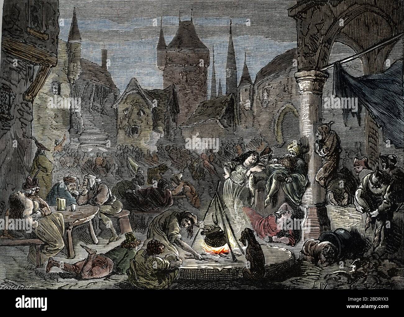 Die Darstellung des Wunders peuplee de mendiants et voleurs, Paris (der Hof der Wunder, Slumviertel von Paris), die im 19. Jahrhundert graviert Stockfoto