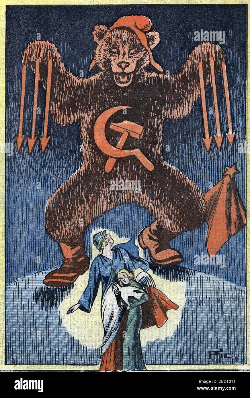 Der antikommunistische Repräsentant l'Ours rouge communiste menacant la France et la colombe de la Paix' (antikommunistischer Cartoon, der den Ko-Film darstellt Stockfoto