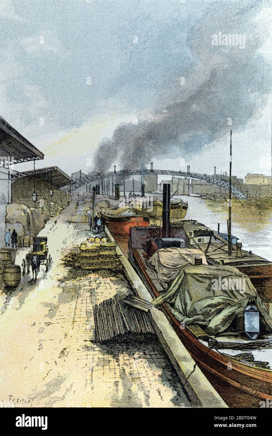 "Blick auf den Kanal de la Villette in Paris" Dessin de Gustave Fraipont (1849-1923) Reifen de 'La seine a travers Paris' de Saint-Juirs, Sammlung von 1890 Stockfoto