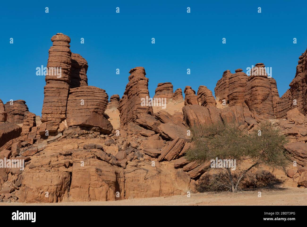 Labyrith der Felsformation d'Oyo in Ennedi Plateau auf Sahara Dessert, Tschad, Afrika. Stockfoto