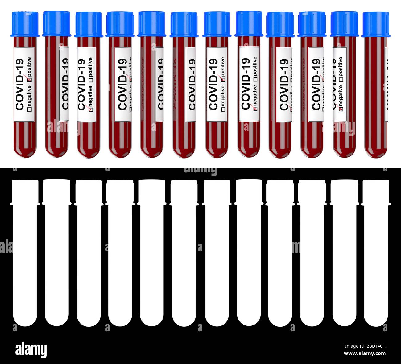 3D-Darstellung vieler Blutteströhrchen mit positiven und negativen COVID-19-Tests über weißem Hintergrund mit Alpha-Matte für einfache Isolierung. Stockfoto
