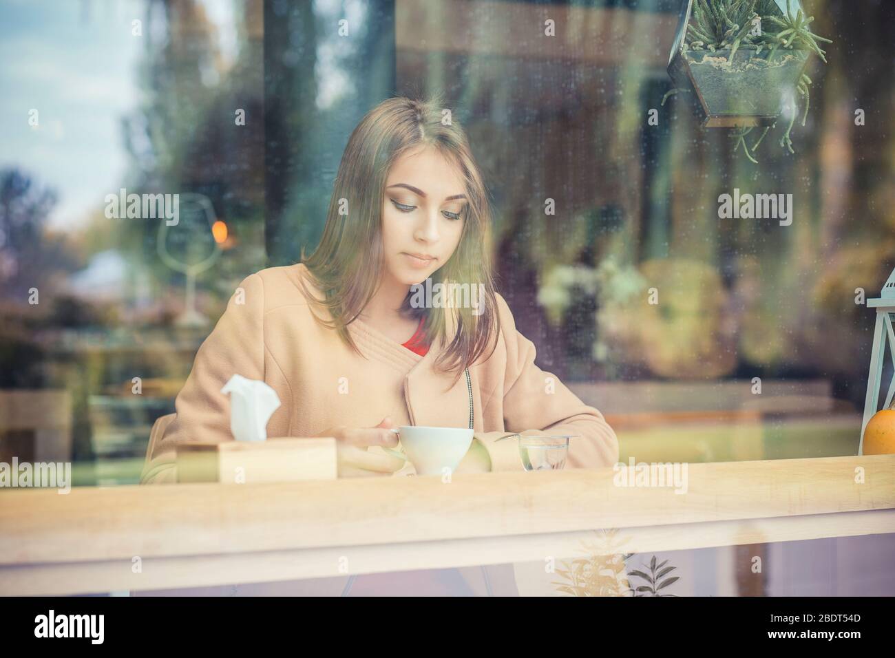 Portrait junge wunderschöne Frau weiblich trinken Tee und nachdenklich Blick aus dem Café-Fenster, während sie ihre Freizeit schon, schöne BU Stockfoto