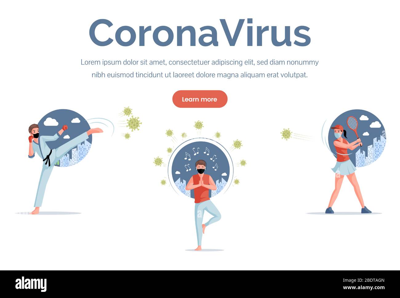 Coronavirus Landing Page Vorlage. Sportler, Tennisspieler, Karate-Mann in Schutzmasken kämpfen gegen Covid-19 Vektor-Flachdarstellung. Bleiben Sie zu Hause und meditieren Sie das Webbanner-Konzept unter Quarantäne. Stock Vektor