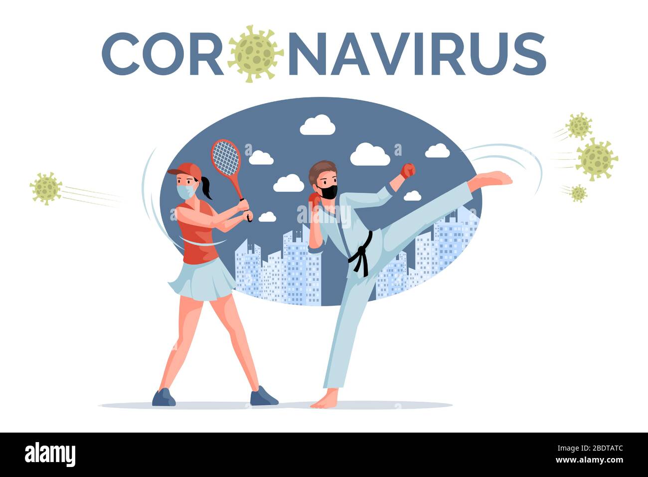 Coronavirus-Vektor-Banner-Vorlage. Sportler, Tennisspieler und Karate-Mann in Schutzmasken kämpfen gegen eine koviste 19-Flachdarstellung. Stoppen Sie Coronavirus Ausbruch, globales Pandemie-Plakat-Design. Stock Vektor