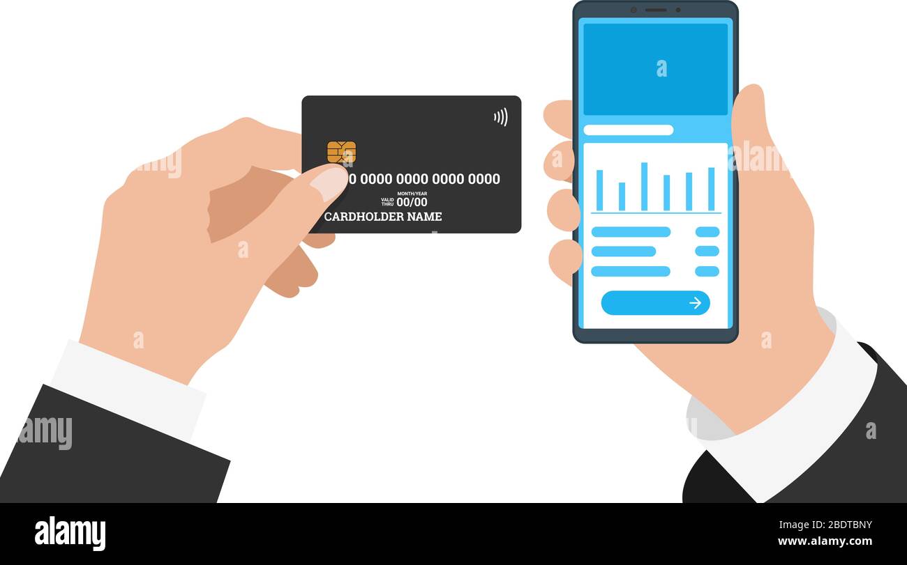 Geschäftsmann Hand hält Smartphone mit Online-Banking mobile App und schwarze Kreditkarte. Kauf Zahlungsprozess und Bankkontosaldo flach Vektor eps Illustration Stock Vektor