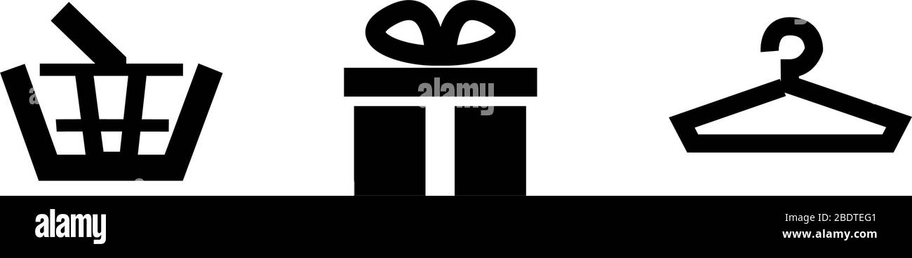 Glyphe Einkaufssymbole Set, Warenkorb, Geschenkbox, Kleiderbügel. Boutique Shop Vector isoliertes schwarzes Symbol. Kaufen Sie die Kollektion "Present Elements". Stock Vektor