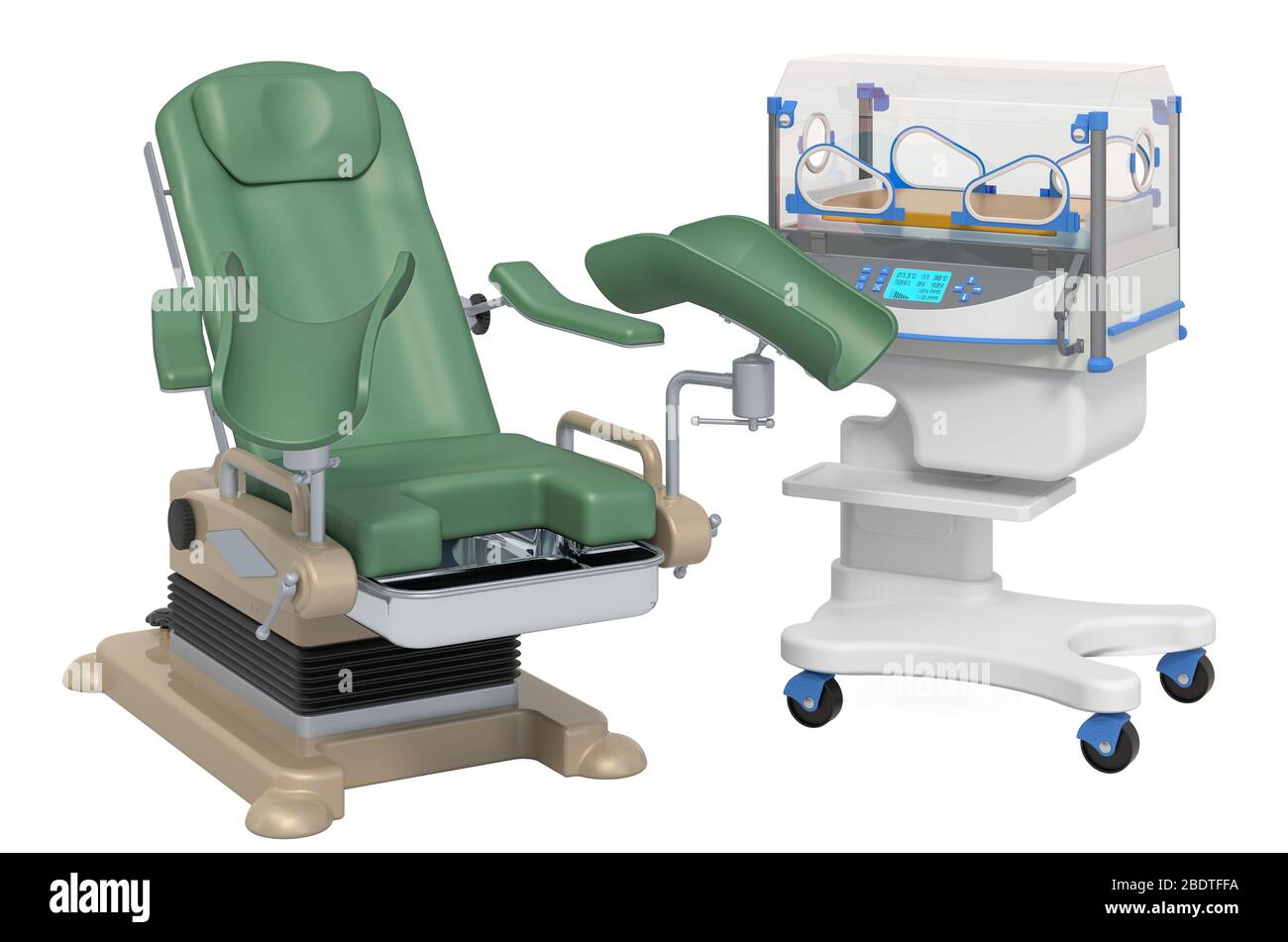Gynäkologischer Untersuchungsstuhl mit Neugeborenen-Inkubator, 3D-Rendering isoliert auf weißem Hintergrund Stockfoto