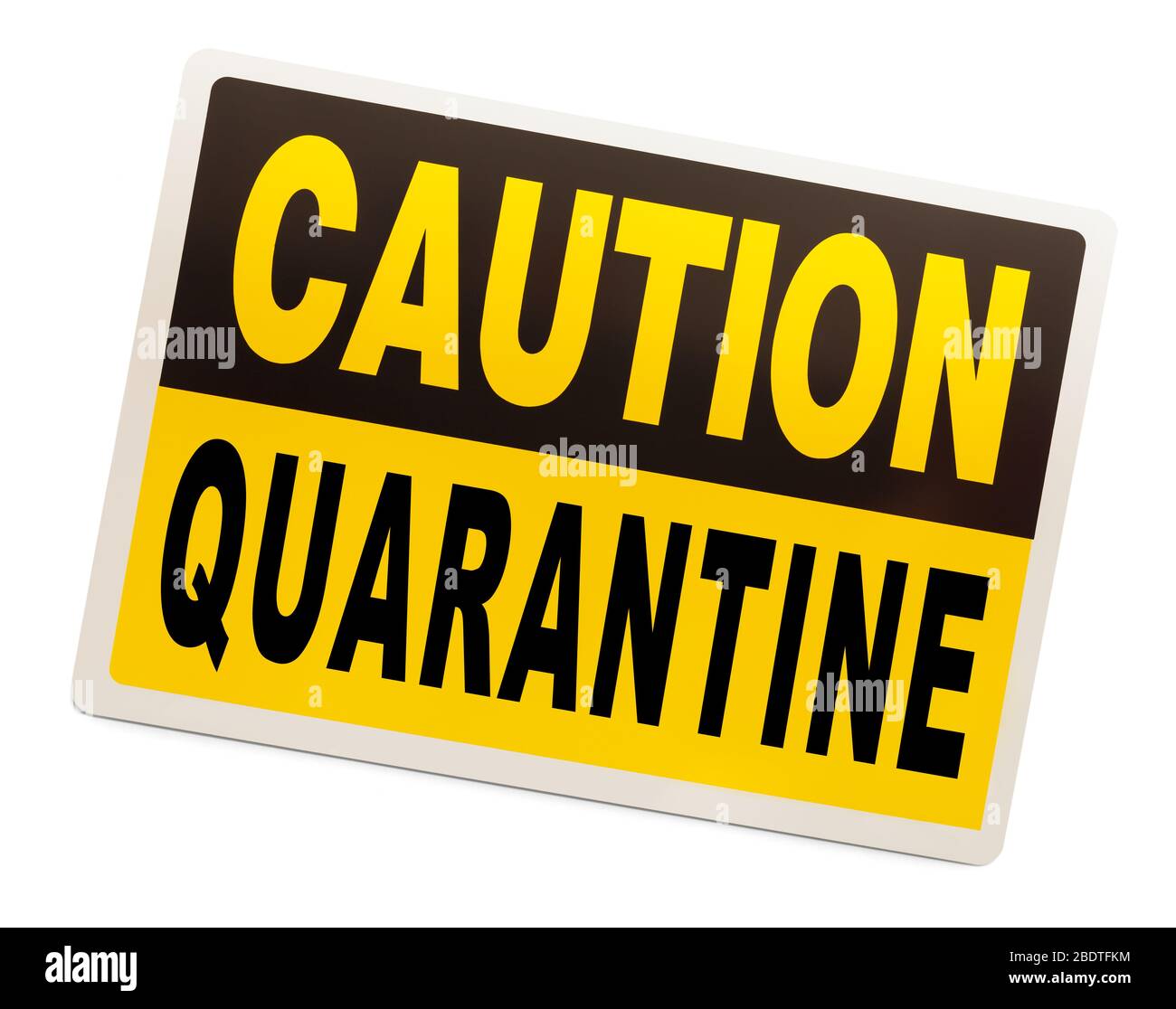 Gelbe Warnung Quarantänezeichen auf weißem Hintergrund isoliert. Stockfoto