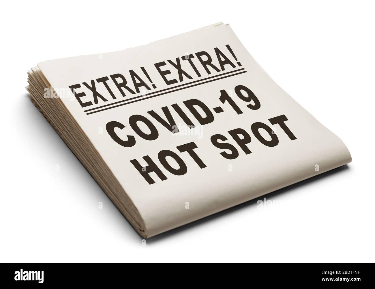 Zeitung mit COVID-19 Hot Spot isoliert auf weißem Hintergrund. Stockfoto