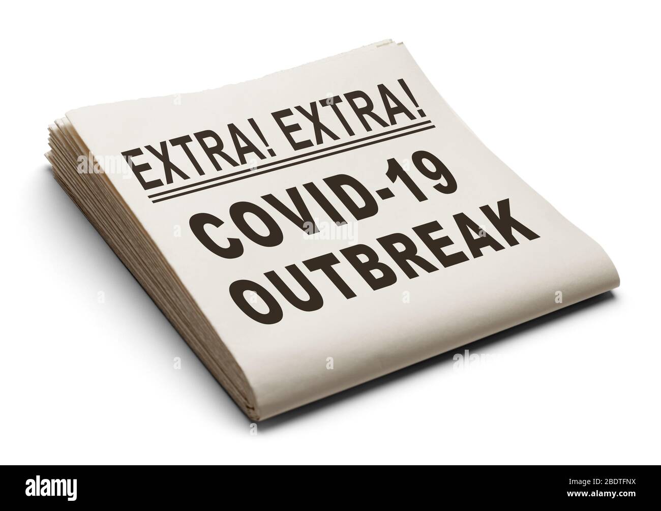 Zeitung mit COVID-19 Ausbruch auf weißem Hintergrund isoliert. Stockfoto
