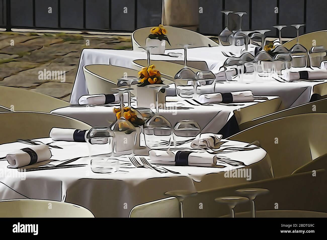 Tische für Straßencafés in Venedig bereit für Besucher. Bearbeitung im Stil der Zeichnung. Italien. Stockfoto