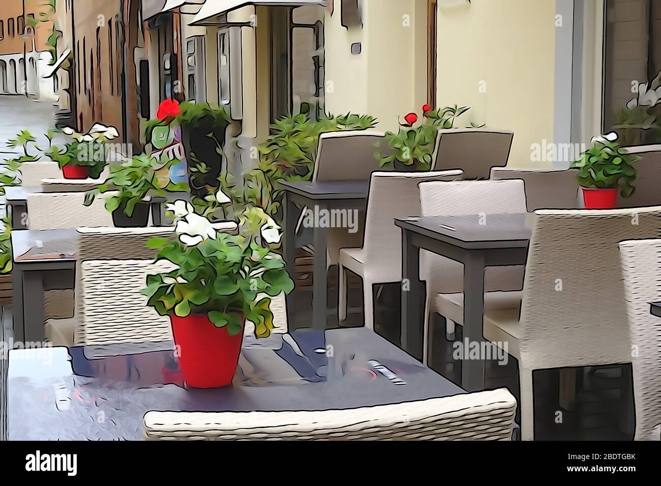 Tische für Straßencafés in Venedig bereit für Besucher. Bearbeitung im Stil der Zeichnung. Italien. Stockfoto