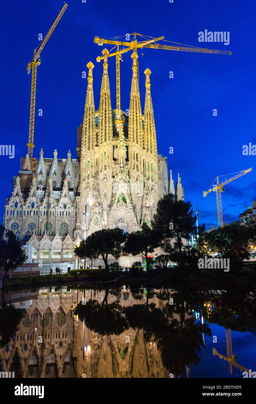 Nachtansicht der Basilika La Sagra Familia, die sich im See des Placa de Gaudi widerspiegelt. Stockfoto