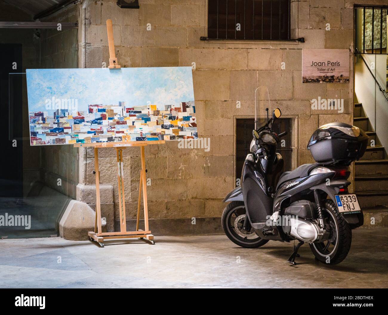 Eintritt in das Künstleratelier in Barcelona, Spanien. Stockfoto